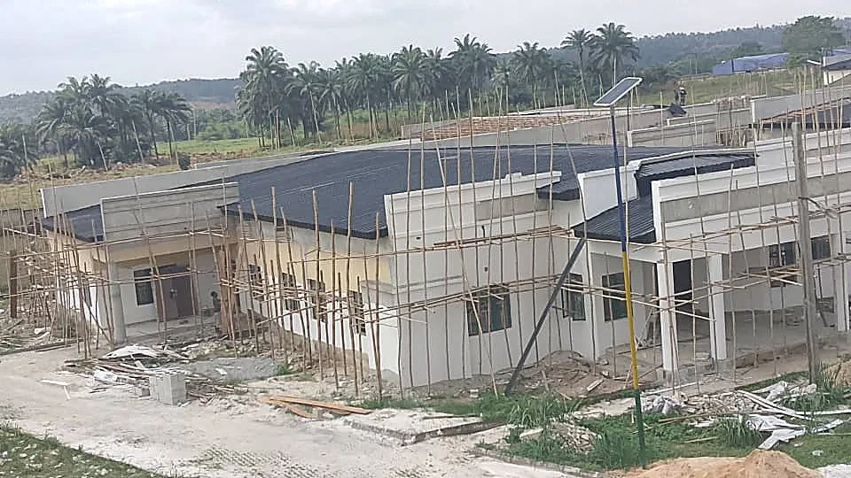 Duplex row roofing, aerial construction view