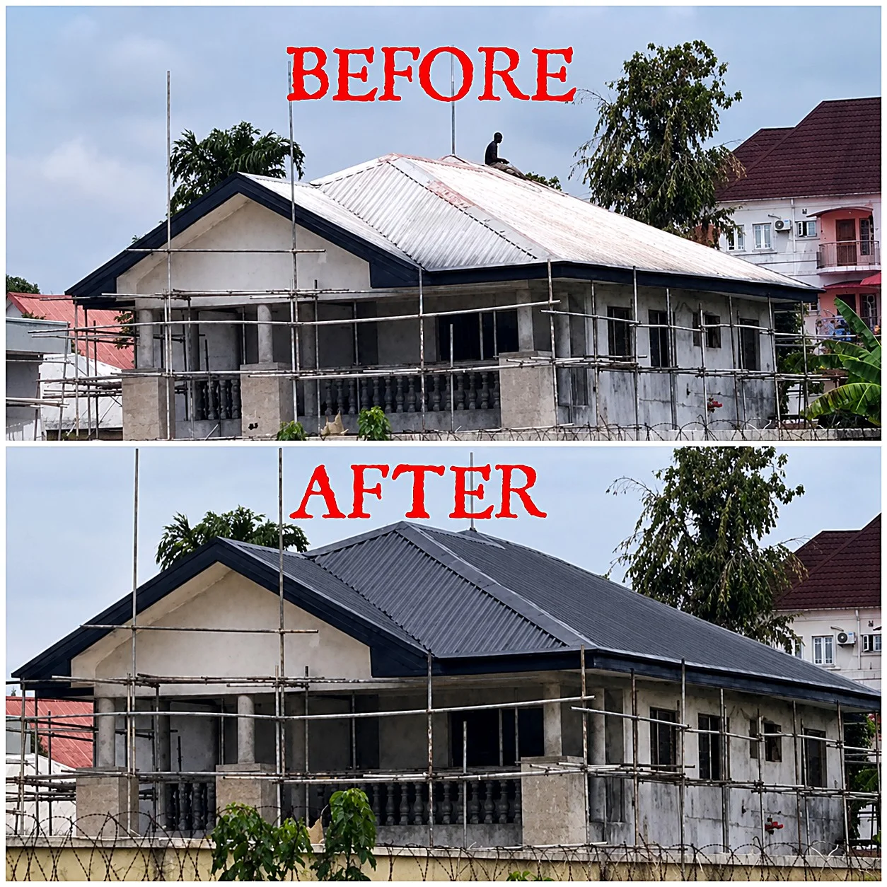 Roof restoration before and after — corroded roof replaced with new aluminium roofing