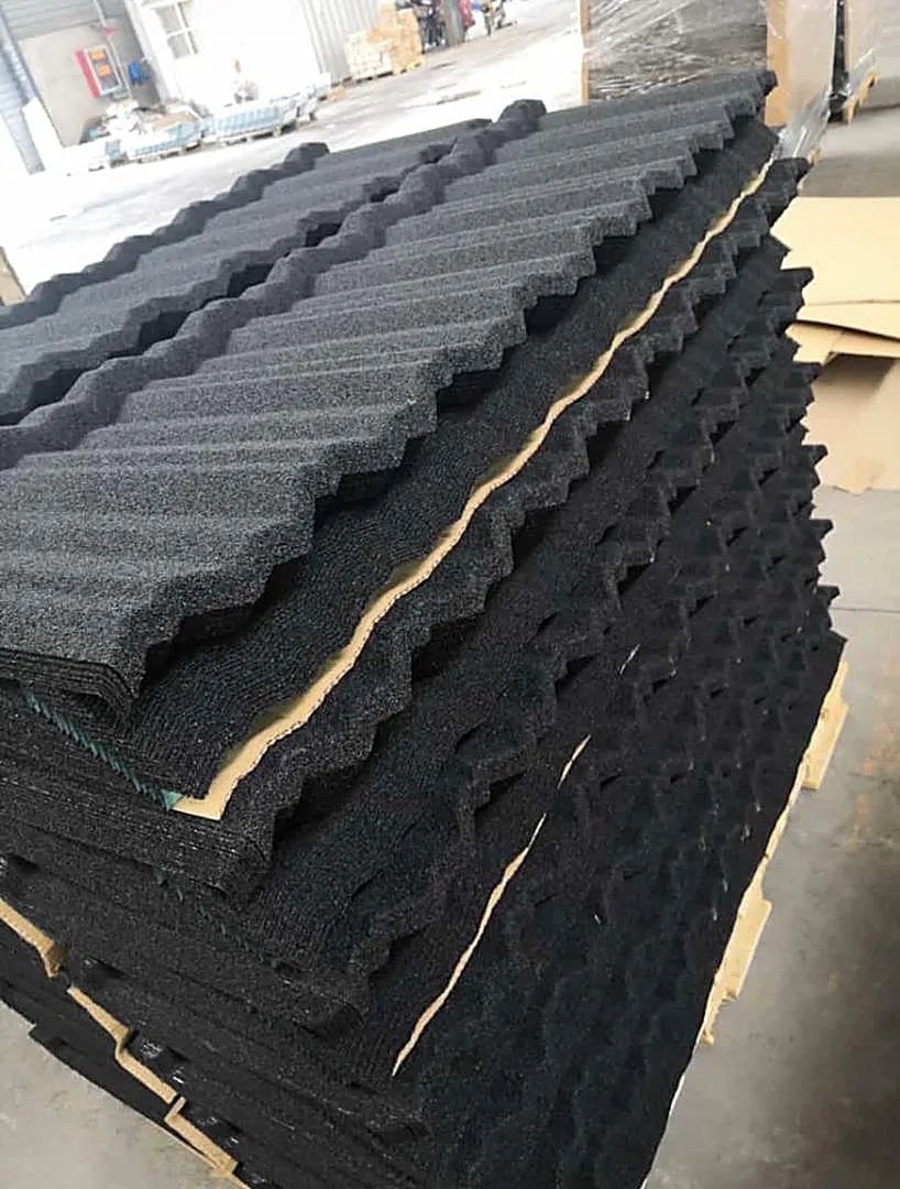 Stone-coated roofing tile samples and textured finish